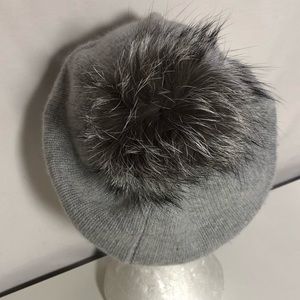 Cashmere Luxe Ribbed Fox Pompom Hat Ash - Jackie Z Style Co. main image 0